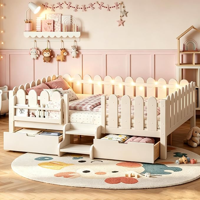 Bellemave Queen Size Platform Bed with Storage Drawers & Bookshelf for Boys Girls, Kids Queen Bed Frame with LED Lights & Stairs for Children's Room, Beige
