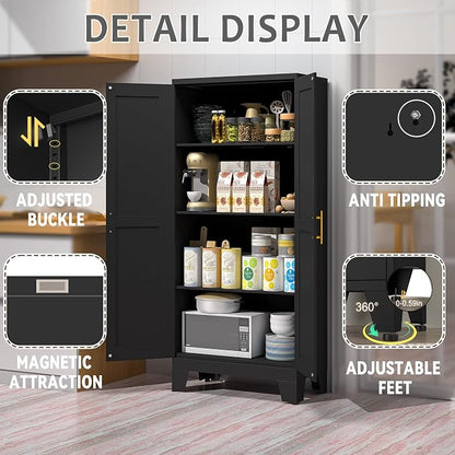 GAIOUS 61.02" Kitchen Pantry Cabinet, Pantry Storage Cabinet with 2 Doors and Adjustable Shelves, Black Food Storage for Kitchen, Living Room, Bedroom and Dining Room (Black) Metal Sideboard