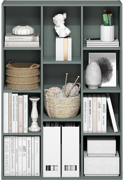 Furinno LUDER Book Shelf, 11-Cube Bookshelf, Reversible Bookcase, 9.4 x 29.1 x 41.7, Easy Assembly, for Living Room, Bedroom, Home Office, Sage Green