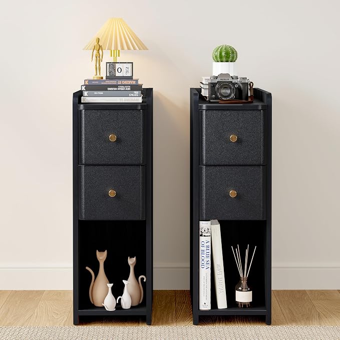 Narrow Nightstand Set of 2, Wooden Small 2 Drawer Nightstand, Slim Side End Table, Skinny Bedside Table, Mid Century Modern Night Stand with Drawers for Bedroom (Black-2 pcs)