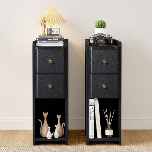 Narrow Nightstand Set of 2, Wooden Small 2 Drawer Nightstand, Slim Side End Table, Skinny Bedside Table, Mid Century Modern Night Stand with Drawers for Bedroom (Black-2 pcs)