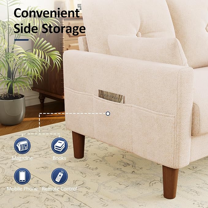 Vipbear 48" Loveseat Sofa,Modern Small Couches for Small Spaces,Beige Chenille Love Seat Couch for Living Room,Bedroom,Apartment,Office,Deep Seat,Throw Pillow,Side Pockets,Square Armrest