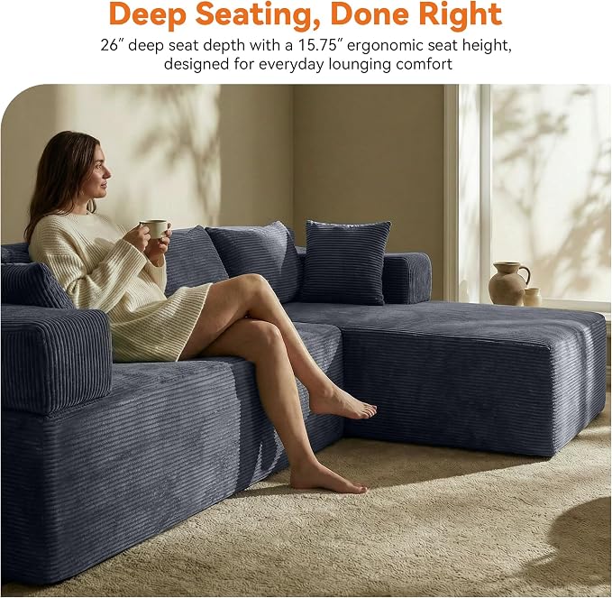 MONVANE 106" Cloud Sectional Couch with L-Shaped Chaise, Modular Sectional Sofa with Deep Seat and Removable Armrests, Comfy Corduroy Boneless Couches for Living Room, No Assembly Required, Grey