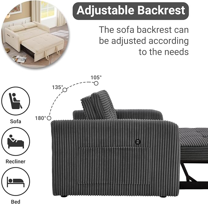 55.5" Corduroy Convertible Sofa Bed, Pull Out Sleeper Sofa Bed, Loveseat Couch with USB Charging Ports, 3 in 1 Convertible Sleeper Sofa Bed for Living Room, Apartment, Bedroom, RV, Grey