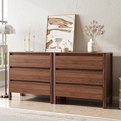 MAISONARIA Walnut 3-Piece Dresser Bedroom Set, 9 Drawers Dresser & 3 Drawer Nightstands with Hidden Handles, Wood Chest of Drawers for Bedroom, Living Room, Entryway