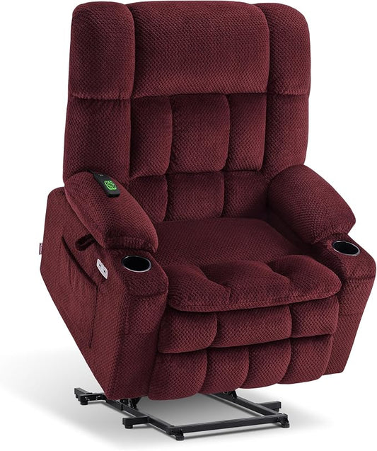 MCombo Oversized Power Lift Recliner Chair for Elderly, Dual Motor Lift Chair with Heat and Massage, Lay Flat Lift Chair for Big and Tall, Cup Holders, Fabric R7891 (Large-Wide, Burgundy)