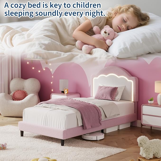 IDEALHOUSE Twin Bed Frame with LED Headboard, Boucle Fabric Upholstered Platform Bed with LED Light for Kids, Girls, Wooden Slats Support, No Box Spring Needed, Pink