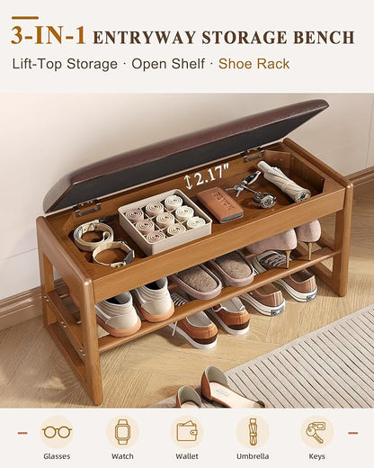 IUNVR Shoe Rack Bench with Hidden Storage, 2-TierSolid Rubberwood Entryway Bench with SoftLeather Cushioned Seat & Flip-Top Storage,330lbs Capacity, Wooden Shoe Organizer forHallway, Closet, Foyer
