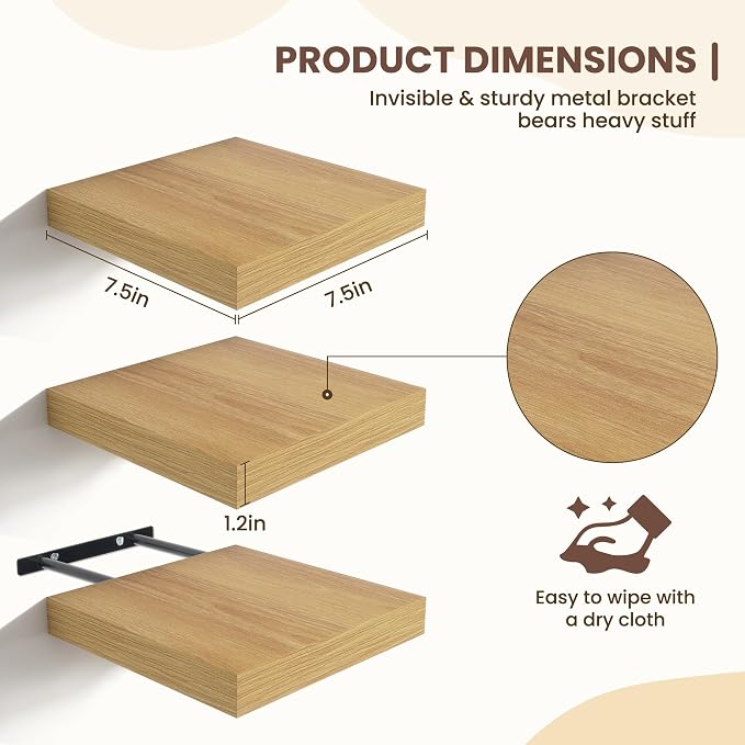 Fun Memories Floating Shelves for Wall - 7.5 Inch Square Shelves with Invisible Brackets, Small Wall Shelf for Living Room, Bathroom, Bedroom, and Kitchen Decor Oak Set of 3