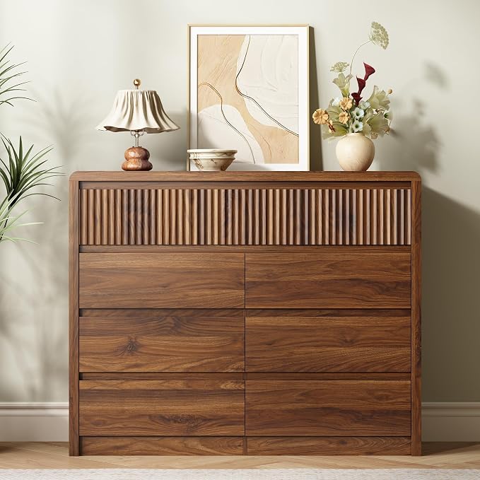 LYNSOM 9 Drawer Dresser for Bedroom, 50" Wide Fluted Dresser with Curved Corners, Wood Dressers & Chests of Drawers with Dual-Panel Design for Bedroom, Entryway, Walnut