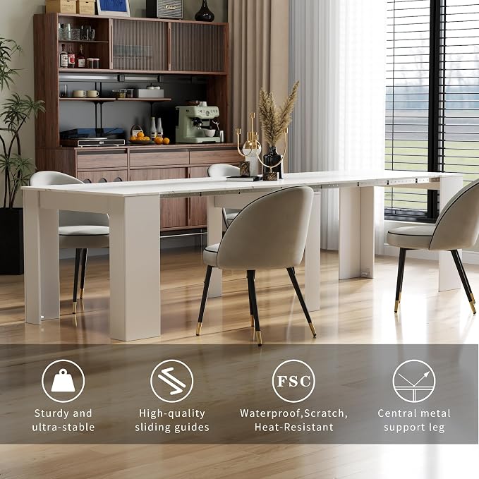 Expandable Dining Table, Transformer Console to Dining Table for 12 People, Folding Space Saving Dining Room Table with Elegant Faux Marble Top, Marble White