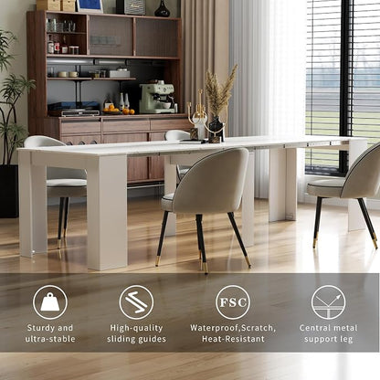 Expandable Dining Table, Transformer Console to Dining Table for 12 People, Folding Space Saving Dining Room Table with Elegant Faux Marble Top, Marble White