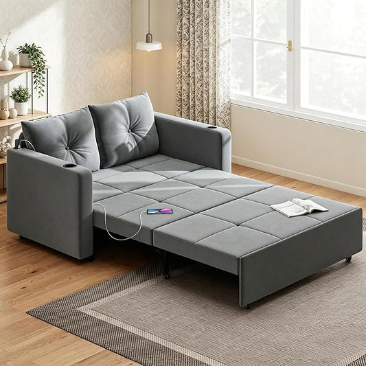 Krcix 3 in 1 Pull Out Couch, 56 Inch Velvet Sofa Bed, Convertible Sleeper Sofa for Living Room, Small Space, Upholstered Loveseat Couch Bed with USB, Cup Holder Charcoal Grey