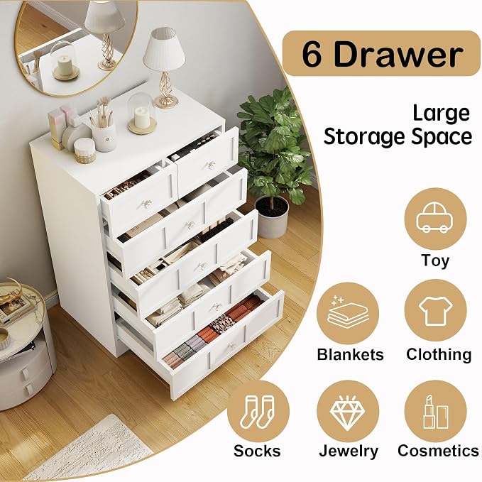 6 Drawer Dresser for Bedroom: 24" Fluted White Dresser Deep Drawers, Modern Chest of Drawers for Bedroom, Fluted Wood Dressers for Living Room, Hallway