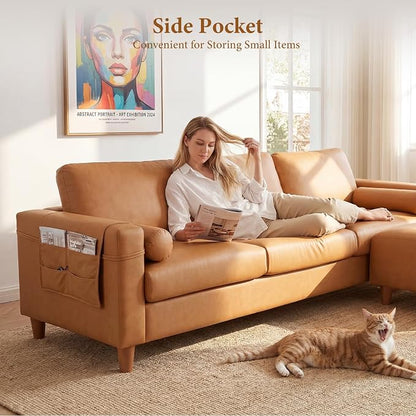 Vesgantti 100" L Shaped PU Leather Sofa with Movable Ottoman, 3 Seater Faux Leather Couch with Side Pocket, Comfy Modern Modular Sectional Couch for Living Room, Apartment, Camel