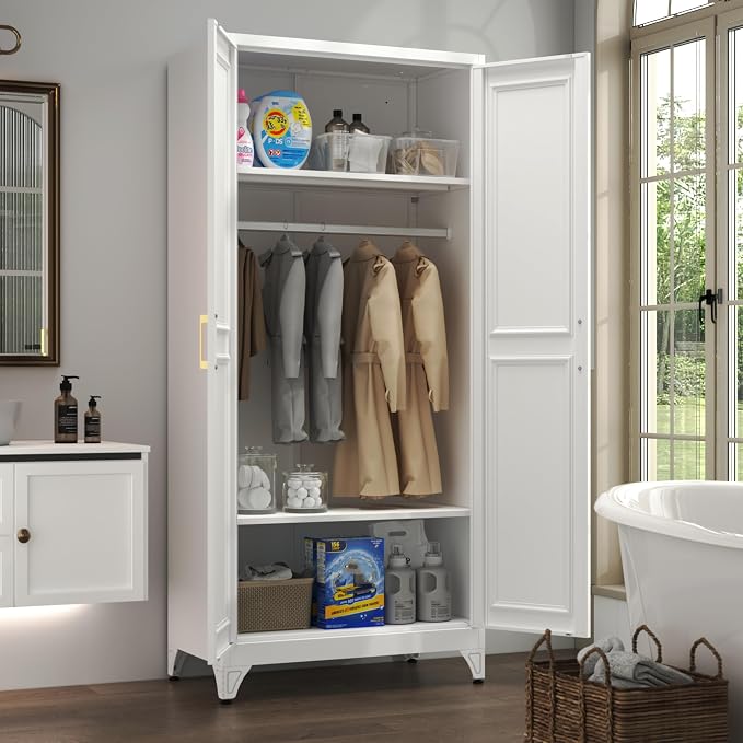 Metal Armoire Wardrobe Closet with 2 Doors, 71" Tall Wardrobe Closet with Doors, Hanging Rod, Drawers and Adjustable Shelves, White Clothing Storage Cabinets for Bedroom, Home Office
