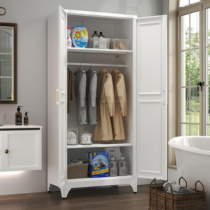 Metal Armoire Wardrobe Closet with 2 Doors, 71" Tall Wardrobe Closet with Doors, Hanging Rod, Drawers and Adjustable Shelves, White Clothing Storage Cabinets for Bedroom, Home Office