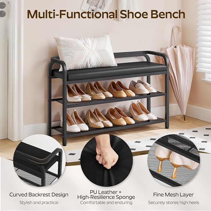 YATINEY Shoe Bench with Backrest, Entryway Bench, 2-Tier Shoe Rack with PU Padded Seat, Upholstered Shoe Storage Bench with Back, for Hallway, Entryway, Foyer, Bedroom, Black HX14BB