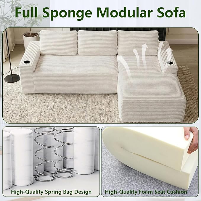 104.3" Modular Sectional Sofa,Modern Corduroy Cloud Couch with Cup Holder & Side Pockets,Boneless Couch Upholstered 4-Seater L-Shaped Sofa for Living Room,No Assembly (White, Right-Facing Chaise) | with Cup Holder