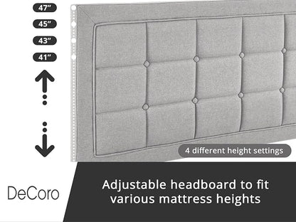 Decoro Mornington Upholstered 2.0 Platform Bed, Button-Tufted Fabric Headboard and Metal Frame with Wood Slat Support, Light Grey, Full