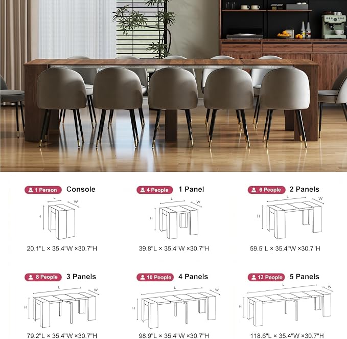 Extendable Dining Table, Transformer Extra Console Table for 1-12 People, Folding Space Saving Dining Room Table for Homes, Apartments, Walnut