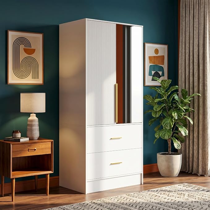 Armoire Wardrobe Closet with Mirror, Light and Fluted Doors, Tall Bedroom Armoire with Hanging Rod and 2 Drawers, White