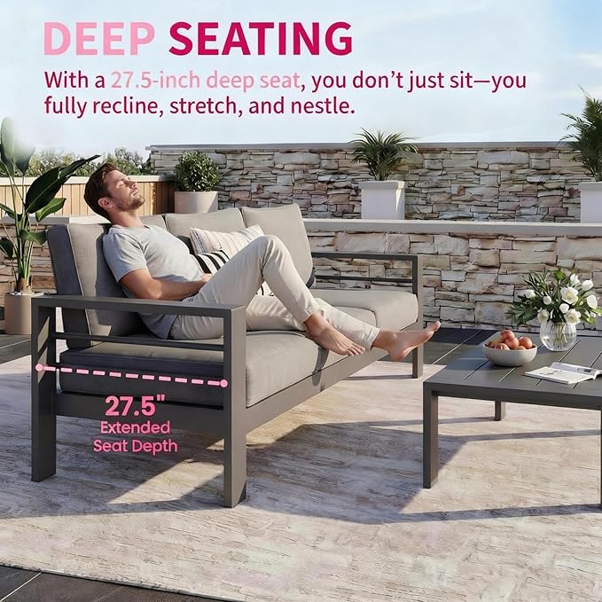 Kiss the Water 3 Seats Aluminum Outdoor Patio Sofa Set, All Weather Rust-Proof Metal Patio Couch, Modern Outdoor Furniture for Backyard Porch Garden, 5" Thick Waterproof Olefin Cushions, Light Grey