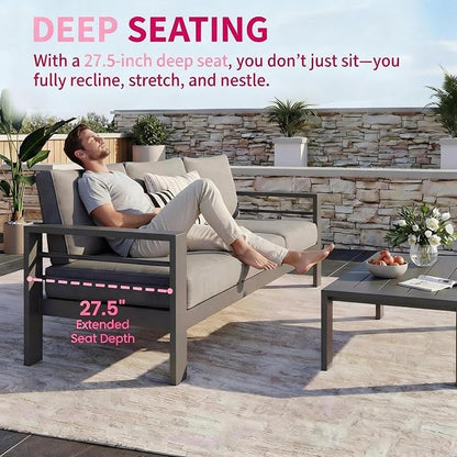 Kiss the Water 3 Seats Aluminum Outdoor Patio Sofa Set, All Weather Rust-Proof Metal Patio Couch, Modern Outdoor Furniture for Backyard Porch Garden, 5" Thick Waterproof Olefin Cushions, Light Grey