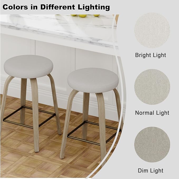 Bar Stools Set of 2, Counter Height Backless Bar Stools, 26" Swivel Barstools Kitchen Chair with Upholstered Fabric Seat, Beige
