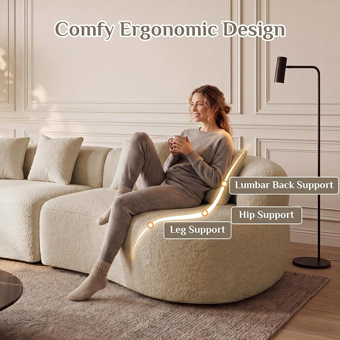 113" Curved Sectional Sofa Modern Cream Cloud Couch Modular Sectional Couches for Living Room Boneless Cloud Sofa Boucle Loveseat Comfy Chenille Deep Seat with 4 Pillows, Light Brown