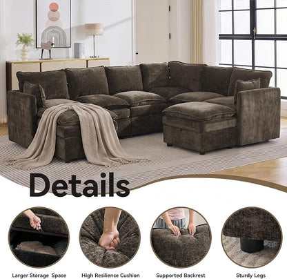 105" Brown Modular Storage Sofa, U Shaped Chenille Couch with 2 Ottomans | Oversized Convertible Sectional Sofa, 6-Seat Sectional Couch With 2 Ottomans, Large Cloud Couch For Living Room, Apartment.