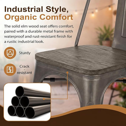 JUMMICO Metal Dining Chair Stackable Industrial Vintage Kitchen Chairs Indoor-Outdoor Bistro Cafe Side Chairs with Back and Wooden Seat Set of 4 (Gun)