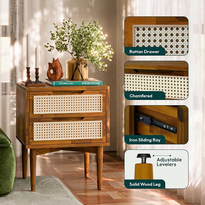 Bme Oliver Solid Wood Rattan Nightstand/Side Table/End Table, Fully Assembled, for Bohemian & Mid Century Style Bedroom and Living Room, Caramel | Fully Assembled