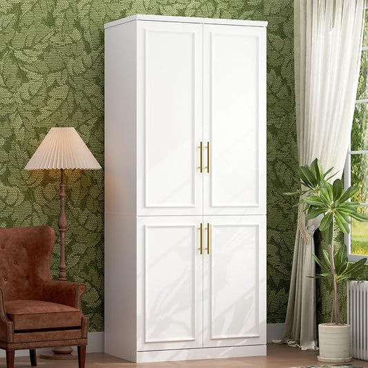Timechee Almirah for Clothes, 74.8" Tall Bedroom Closet Storage Cabinet with Doors and Shelves, Hanging Rod, White Standing Wardrobe Clothes Closet for Bedroom, Armario Storage Cabinet for Clothes