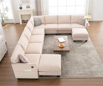 150.4" Large Sectional Couches for Living Room, 8 Seater L Shaped Modular Sectional Sofa with Two Storage Ottomans & USB, Oversized Corner Couch for Living Room（Beige）