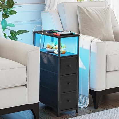 TUTOTAK Narrow LED Night Stand with Charging Station, Slim End Table with Plugins, Tall Side Table with 3 Fabric Drawer, Small Bedside Table with Storage, for Living Room, Black TB01BK086L