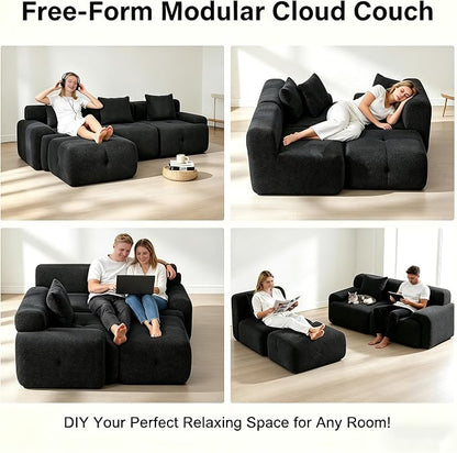 104" Cloud Couch Sectional with Ottoman, L-Shaped Boneless Sofa, Modern Modular Couch, Pineapple Grid Fabric with Foam & Spring Filling for Living Room, No Assembly Required (Black)