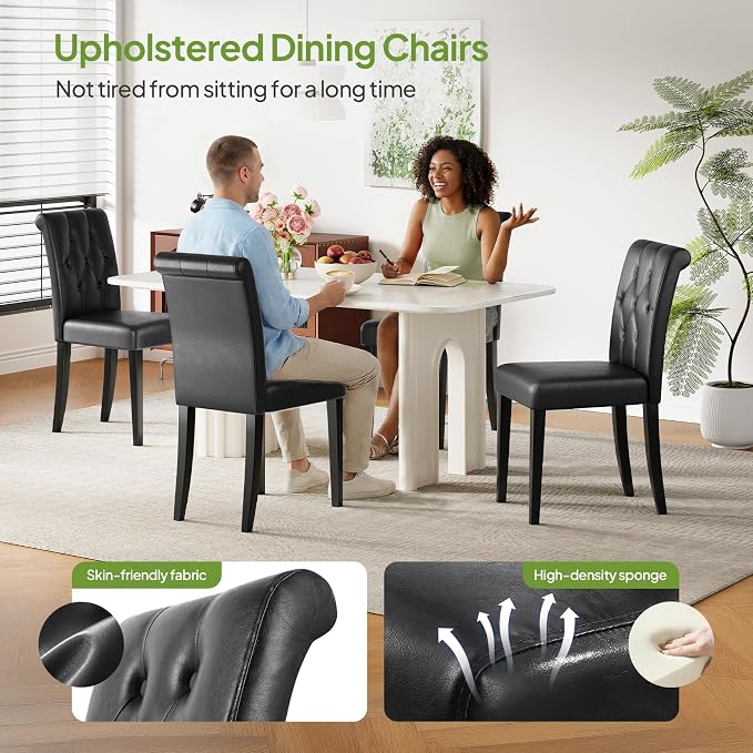 Welzona Upholstered Dining Chairs Set of 2, Button Tufted Parsons Dining Chair with Solid Wood Legs, Modern PU Leather Side Chair for Dining Room/Kitchen/Restaurant/Hotel- Black