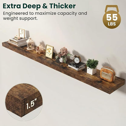 Floating Shelves for Wall, 72 Inch x 8 Inch Deep Wall Mounted Wood Shelf with Invisible Brackets for Storage & Display, Living Room Bedroom Kitchen, Rustic Brown, Set of 2