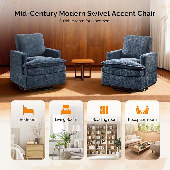 VINGLI 360°Swivel Mid-Century Modern Accent Armchairs Set of 2 with Double-Layer Seat Cushions, Comfy Single Square Sofa, Upholstered Club Chairs for Living Room,Bedroom, Reading Room, Chenille Blue