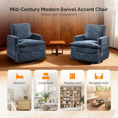 VINGLI 360°Swivel Mid-Century Modern Accent Armchairs Set of 2 with Double-Layer Seat Cushions, Comfy Single Square Sofa, Upholstered Club Chairs for Living Room,Bedroom, Reading Room, Chenille Blue