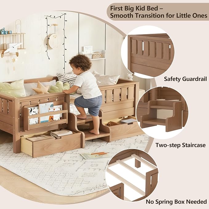 Bellemave Twin Kids Montessori Bed with Stairs, Bookshelf and Drawers, Solid Wood Kids Bed Frame with Storage for Boys Girls, Low Profile,Natural
