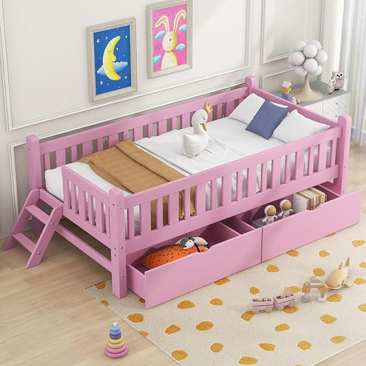 Merax Wood Twin Size Platform Bed with Guardrail and 2 Drawers, Kids Bed Frame with Stairs, Pink
