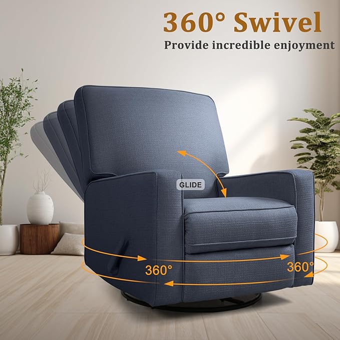 Manual Rocker Recliner Chair for Adults, High Back Glider with Deep Seat, Upholstered Fabric Armchair for Living Room & Nursery (Blue Linen)