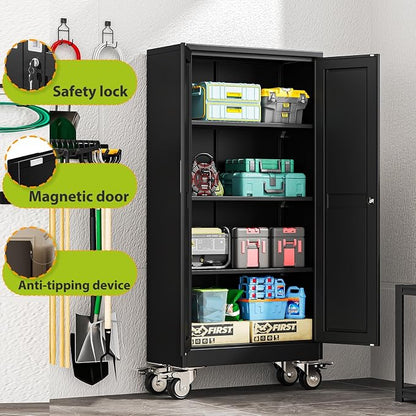 Metal Garage Storage Cabinet with Wheels, 61" H x 27.6" W x 13.8" D, Lockable Rolling Steel Tool Cabinet with Adjustable Shelves, Heavy Duty Garage Cabinet for Workshop, Basement, Home, Black