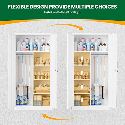 Broom Closet with Lock, Metal Storage Cabinet 36" Wide, 5-Tier Steel Utility Cabinet with Hanging Rod & Doors for Garage, Laundry Room, Warehouse Storage