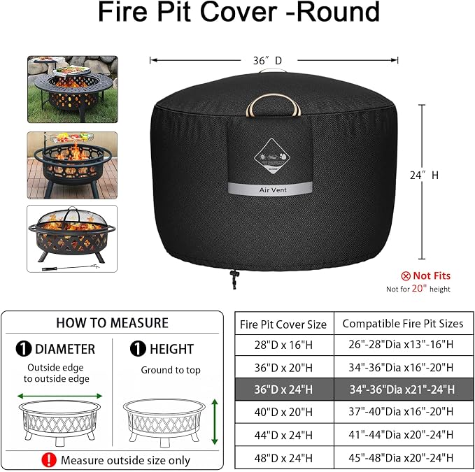 QH.HOME Fire Pit Cover Round Super Waterproof, 36" D X 24" H Outdoor Firepit Cover 600D Strong Tear Resistant, Premium Fading Resistant for Gas Fire Pit