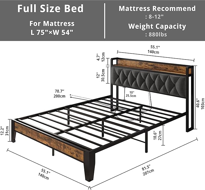 ANCTOR Full Bed Frame, Upholstered Tufted Headboard, Storage Shelves & Charging Station, No Box Springs Needed, Sturdy, Noise-Free, Modern Vintage Style