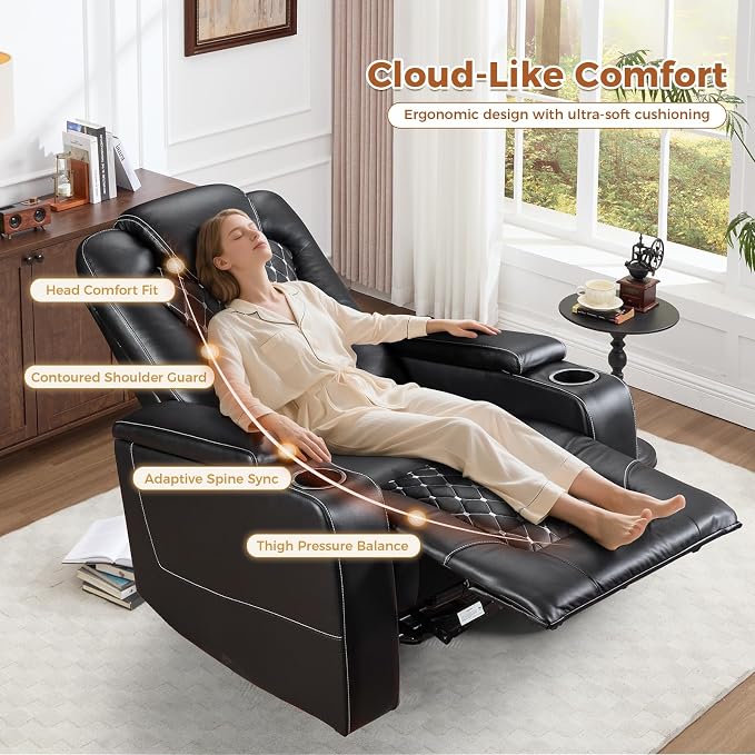 ANJ Power Recliner Chair Set of 7, Electric Soft Faux Leather Reclining Home Theater Seating - USB Ports, Cup Holders, Hidden Arm Storage Movie & Media Room Chairs (Black)