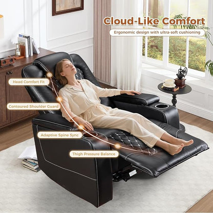 ANJ Power Recliner Chair Set of 7, Electric Soft Faux Leather Reclining Home Theater Seating - USB Ports, Cup Holders, Hidden Arm Storage Movie & Media Room Chairs (Black)